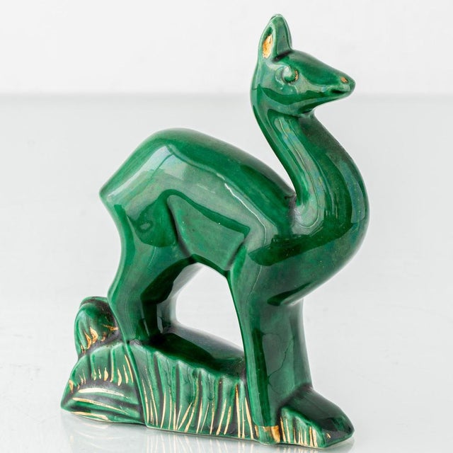 Art Deco Saint-Clément Emerald Green Ceramic Deer Sculpture by Charles Lemanceau, France, 1930s For Sale - Image 3 of 10