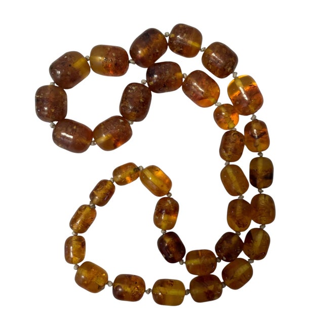 Mid-Century Modern Mid-Century Modern Amber Resin Knotted Beaded Necklace For Sale - Image 3 of 5