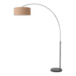 1960s Nova of California Mid Century Float Floor Lamp - 92" Modern Arc Lamp, Burlap Shade, Black Nickel, Dimmable, Black Marble Base For Sale