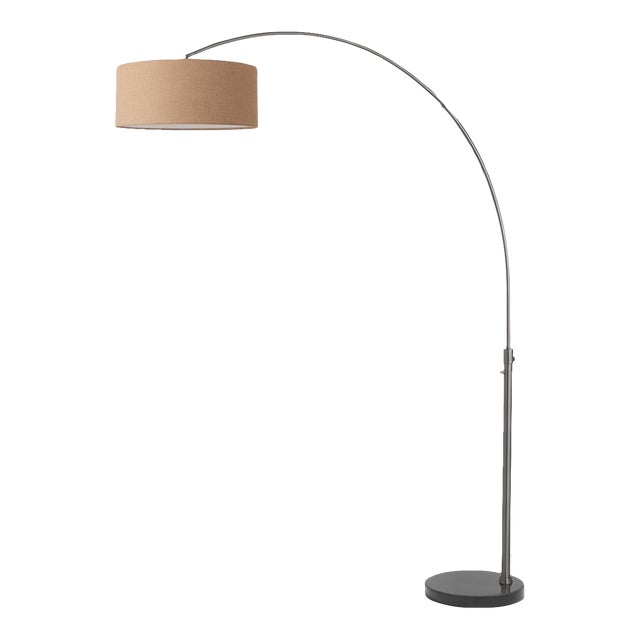 1960s Nova of California Mid Century Float Floor Lamp - 92" Modern Arc Lamp, Burlap Shade, Black Nickel, Dimmable, Black Marble Base For Sale