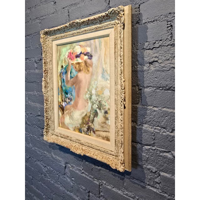 1960s Wallace Bassford- Nude Girl Trying a Flowery Hat in the Mirror- Oil Painting For Sale - Image 5 of 8