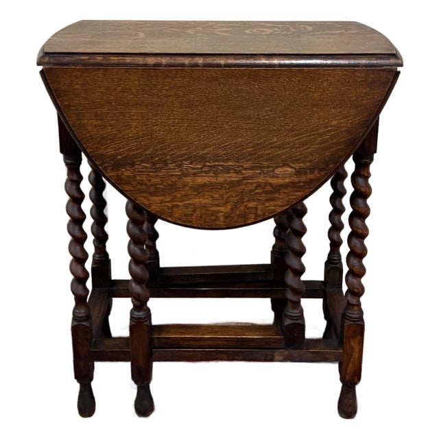 Antique English Table Drop Leaf Gateleg Barley Twist Oak Oval C. 1920-30s For Sale