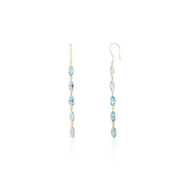 18k Gold Marquise Blue Topaz Gemstone Drop Earrings for Women- A Pair For Sale - Image 4 of 10