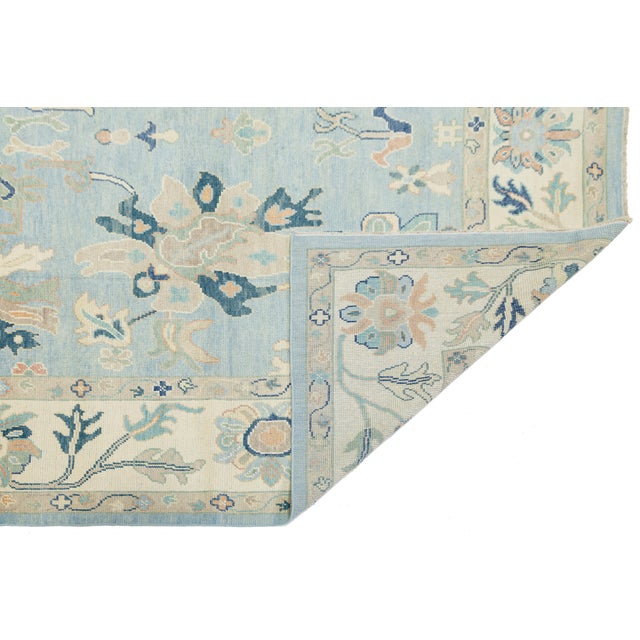 Modern Modern Hand-Knot Oushak Style Light Blue & Soft Earth Tone Floral Wool Area Rug For Sale - Image 3 of 12