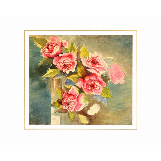 Farmhouse 1950 Vintage Rose Arrangement Watercolor Painting For Sale - Image 3 of 3