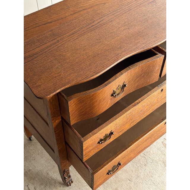 Antique Oak Serpentine Chest With Original Casters and Brass Hardware For Sale - Image 14 of 17