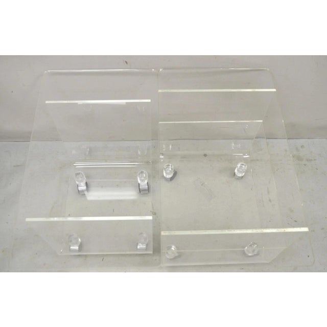 Plastic Vintage Clear Lucite Acrylic Mid Century Modern Rolling Side Tables - A Pair For Sale - Image 7 of 11