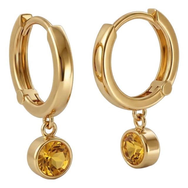 Elegant 18k Gold Plate Hoop Earrings With Round Citrine Drop, Minimalist Luxury Jewelry - A Pair For Sale