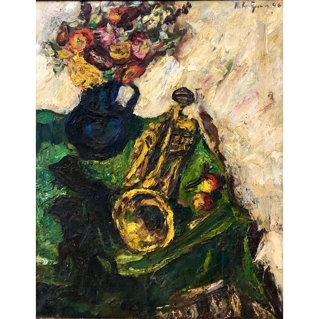 Expressionism Herbert Katzman, 1950's Expressionist Interior Oil Painting Still Life with Flowers and Trumpet, 1946 For Sale - Image 3 of 10