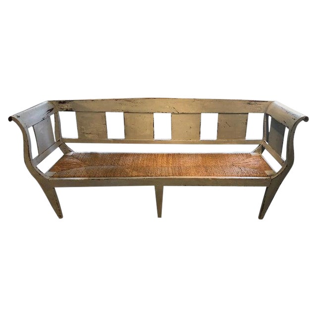 Swedish Grey Painted Rustic Bench With Rush Seat Chairish