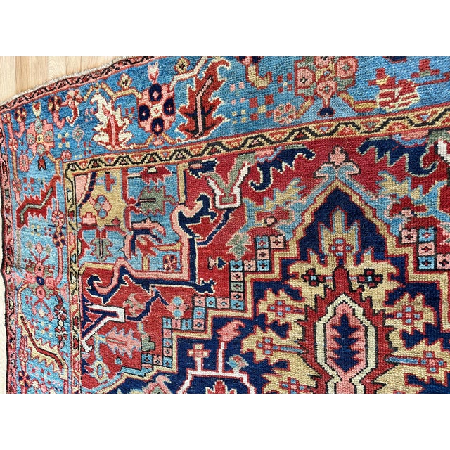 Antique Persian Heriz Carpet Handmade Wool Oriental Rug, Navy, Light Blue, Gold For Sale - Image 14 of 18