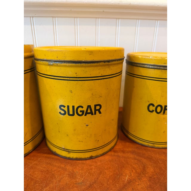 Early 20th Century Bright Yellow Enamel Flour, Sugar, Coffee & Tea Kitchen Canisters – Set of 4 For Sale - Image 12 of 17