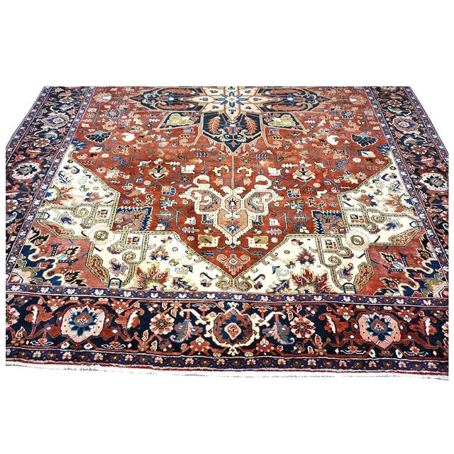 Vintage Persian Heriz 10x13 Red, Navy, & Ivory Handmade Area Rug #9901667 For Sale In Houston - Image 6 of 13
