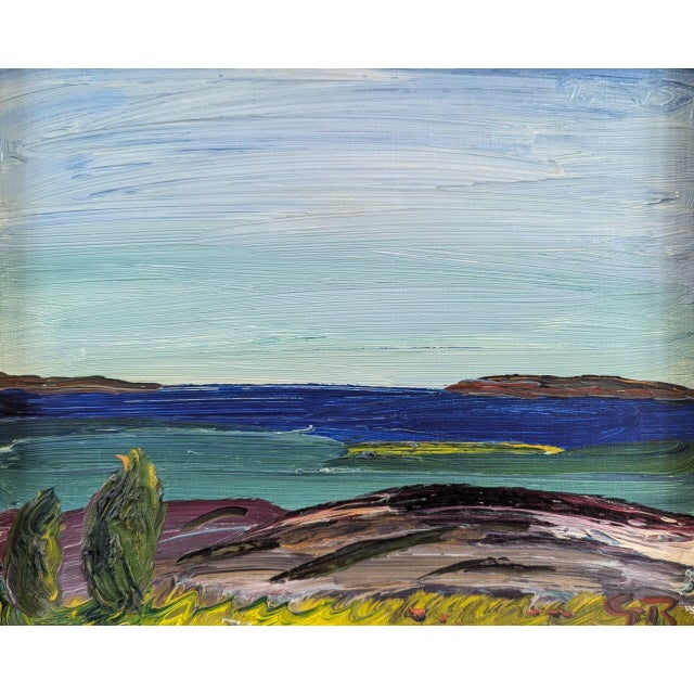 Paint Mid-Century Modern 'Echoes of the Coast' Original Mini Abstract Coastal Landscape Oil Painting, Framed For Sale - Image 7 of 10