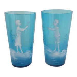 Antique Mary Gregory Blue Glass Girl & Boy With Dragonfly Butterfly Tumbler Set