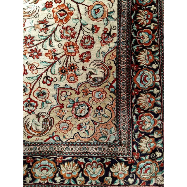 Vintage Persian Qum Area Rug, Hand-Knotted Silk, Floral Pattern, Ivory & Navy, 3x5 For Sale - Image 14 of 18