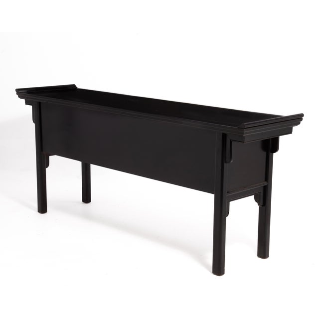 Hollywood Regency Century Furniture Chin Hua Pagoda Console Credenza Raymond Sobota Brass Black Lacquer 1970s For Sale - Image 3 of 14
