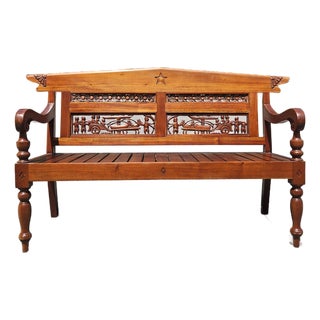 Late 20th Century Hand Carved Folk Art Wood Bench For Sale