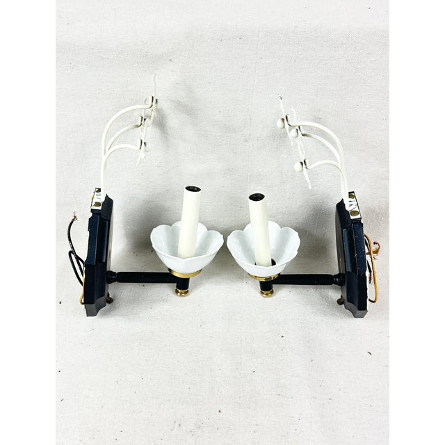 Metal 1940s Mid-Century Ceramic & Metal Tole Floral Wall Sconces - A Pair For Sale - Image 7 of 11