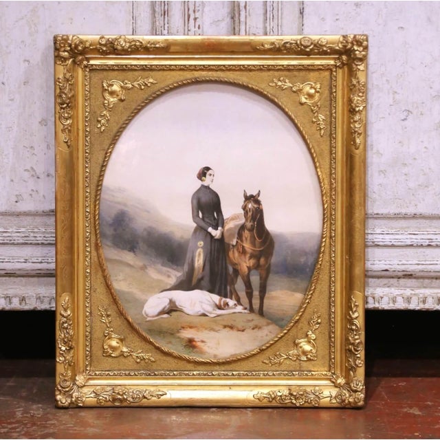 Mid 19th Century 19th Century French Equestrian Portrait of Lady With Horse & Dog in Carved Frame For Sale - Image 5 of 7