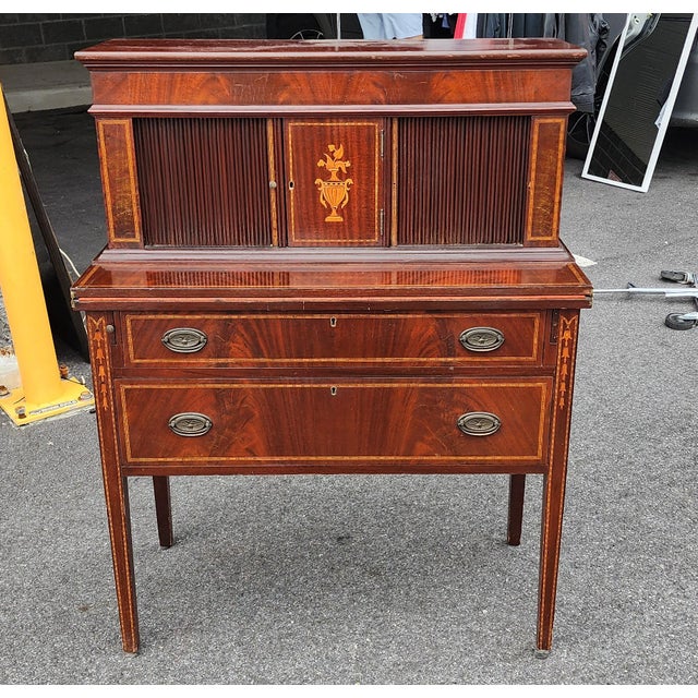 Wood Antique American Federal Style Inlaid Mahogany Ladies Tambour Writing Desk ~ Butlers Desk, 1930s For Sale - Image 7 of 13