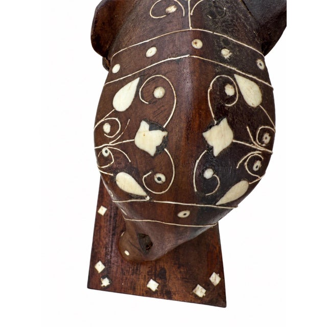 Safari Mid 20th Century Anglo-Indian Carved Hardwood Elephant Bookends With Intricate Bone Inlay — Pair For Sale - Image 3 of 11