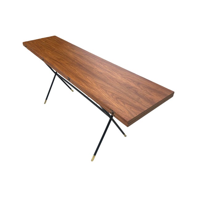 Vintage Rare Mid Century Modern X-Base Wrought Iron Walnut Flip Top Walnut Dining Table / Console / Desk Restored Brass For Sale - Image 12 of 12