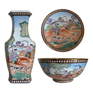 Rare Vintage Andrea by Sadek Horse and Hound Hunting Scene Decorative Vase Bowl and Plate Set For Sale
