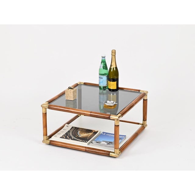 Bamboo, Brass and Smoked Glass Coffee Table in the style of Gabriella Crespi, Italy, 1970s For Sale - Image 4 of 14