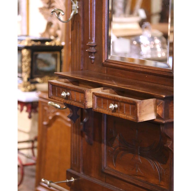 19th Century French Carved Walnut Halltree With Mirror and Brass Hooks For Sale - Image 12 of 12