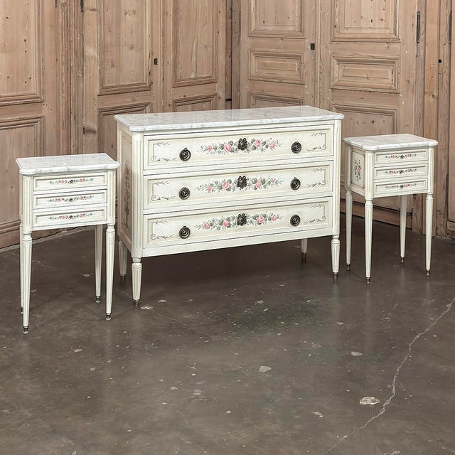 French Louis XVI Painted Commode with Carrara Marble will create a light yet vibrant visual effect in any room! Painted in...