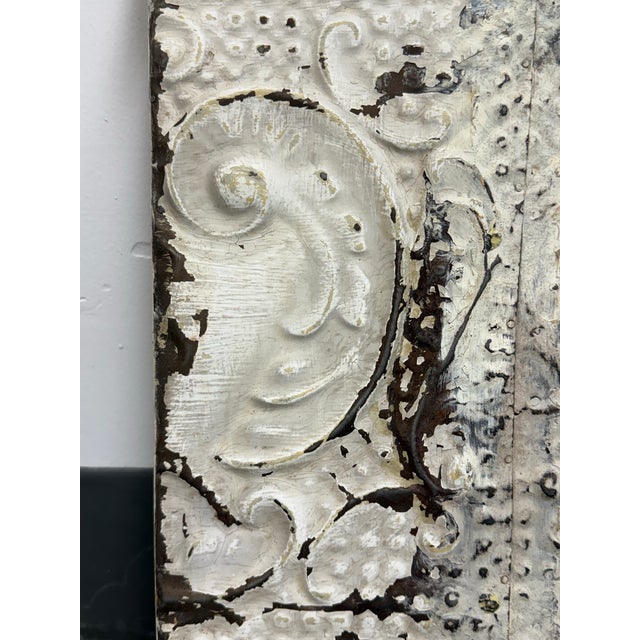 Distressed White Embossed Tin Architectural Wall Panel, Vintage For Sale In San Francisco - Image 6 of 12