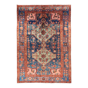 Antique Persian Karajeh Rug With Geometric Medallions in Green, Blue, and Red