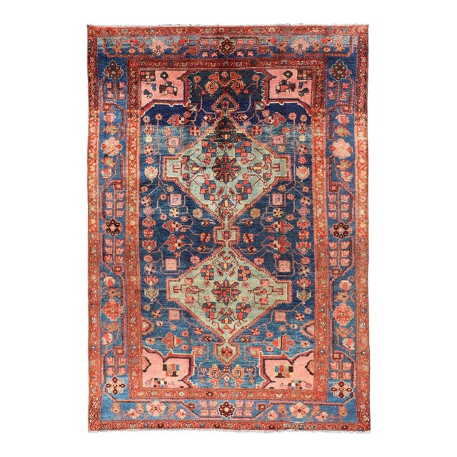 Antique Persian Karajeh Rug With Geometric Medallions in Green, Blue, and Red 5'2 X 7'10 For Sale