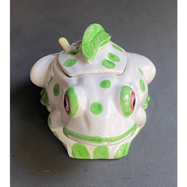 From the 1970s white and green frog condiment server, Palm Beach style in very good condition. Marked on the bottom Japan...