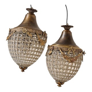 1970s Crystal and Gold, Bow and Garland Pendant Chandeliers - a Pair For Sale