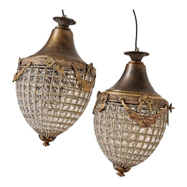 1970s Crystal and Gold, Bow and Garland Pendant Chandeliers - a Pair For Sale