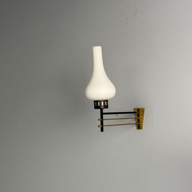 Italian Mid-Century Modern, Wall Sconces, Patinated Brass, Opaline Glass, 1950s For Sale In New York - Image 6 of 10