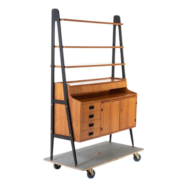 1960s Swedish Freestanding Teak Bookcase With Black Lacquered Legs For Sale