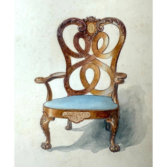 This antique 19th century original dining armchair watercolor painting is a unique piece of artwork showcasing in a...