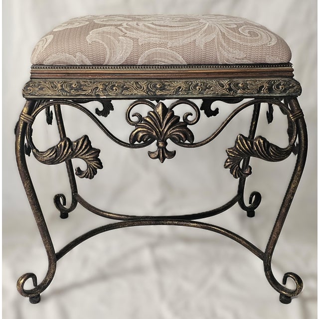 Vintage Bronze Scrollwork Vanity Bench With Cream Jacquard Upholstery For Sale In Los Angeles - Image 6 of 18