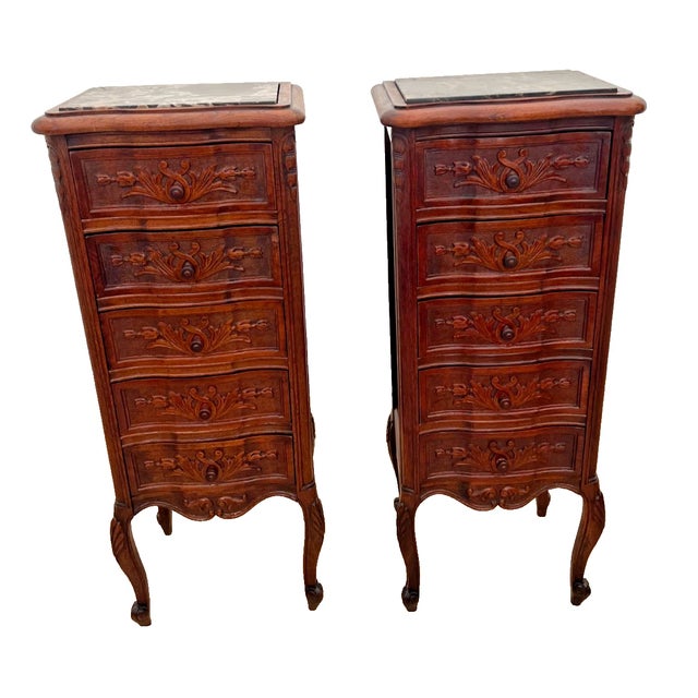 French Antique Pair of French Nightstands Bedside Tables Five Hand Carved Drawers For Sale - Image 3 of 13