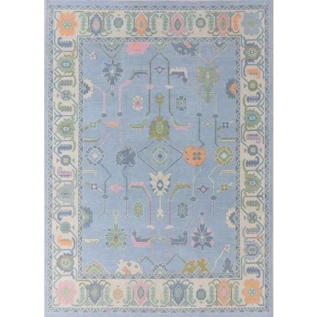 Textile Modern Handknotted Oushak Rug in Shades of Blue & Green with Pops of Pink, 10' x 14' For Sale - Image 7 of 7