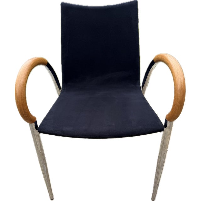 Set of 6, Dining Chairs With Chrome Frames, Black Upholstery & Sculpted Wood Arms This set of six Italian armchairs...