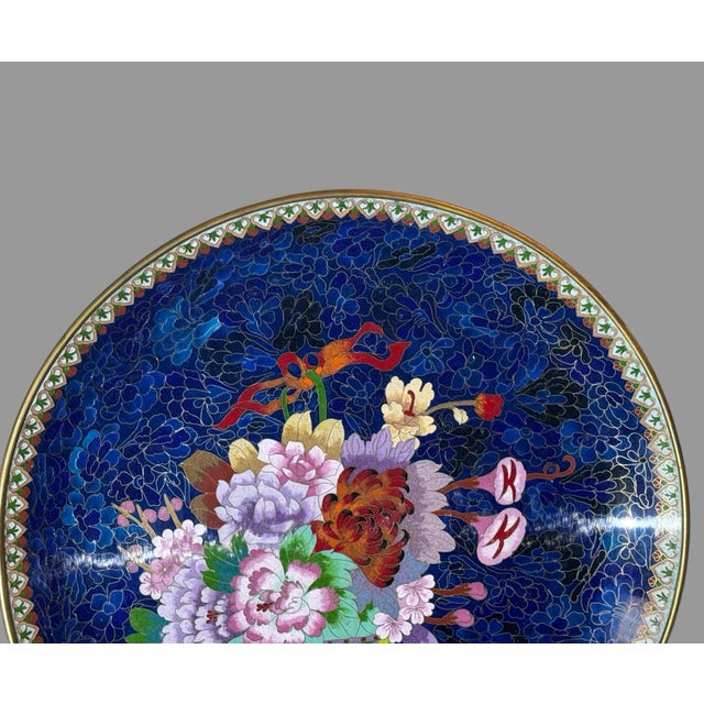 A Large & Impressive Antique 20" Inlay Chinese Enameled Cloisonne Charger with Floral Bouquet In very good original...