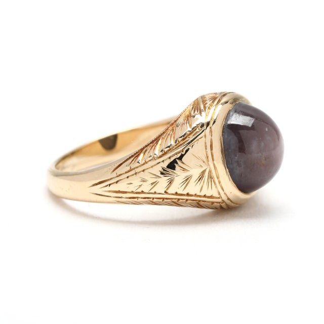 Stones: star sapphire, 1 oval cab Ring Size 3.5 (fits like) Rise Off Of Finger: 6.5 mm Width: 9.9 mm Weight: 3.7 dwts/ 5.7...