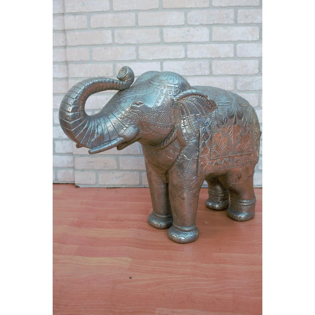 Vintage Moroccan Heavily Detailed Hammered Aluminum Silver Plate Sheet Metal Covered Wood Elephant Statue In many...