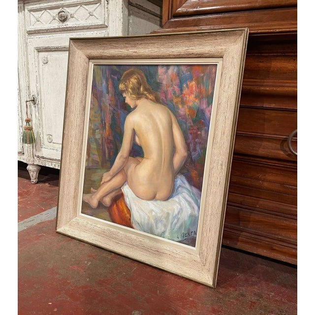 Decorate a bathroom, dressing room, or bedroom with this elegant antique French oil on canvas by Albert Genta, painted in...