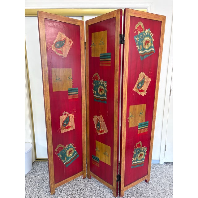 Mid-Century Modern Vintage Mid-Century Vienna Werkstatte Style Three-Panel Hand-Painted Wood Screen Room Divider (Pier 1) For Sale - Image 3 of 4