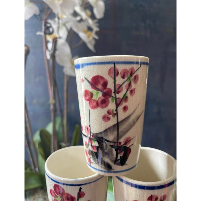 Black Vintage Japanese Ceramic Juice Glasses Cherry Blossom - Set of 6 For Sale - Image 8 of 10